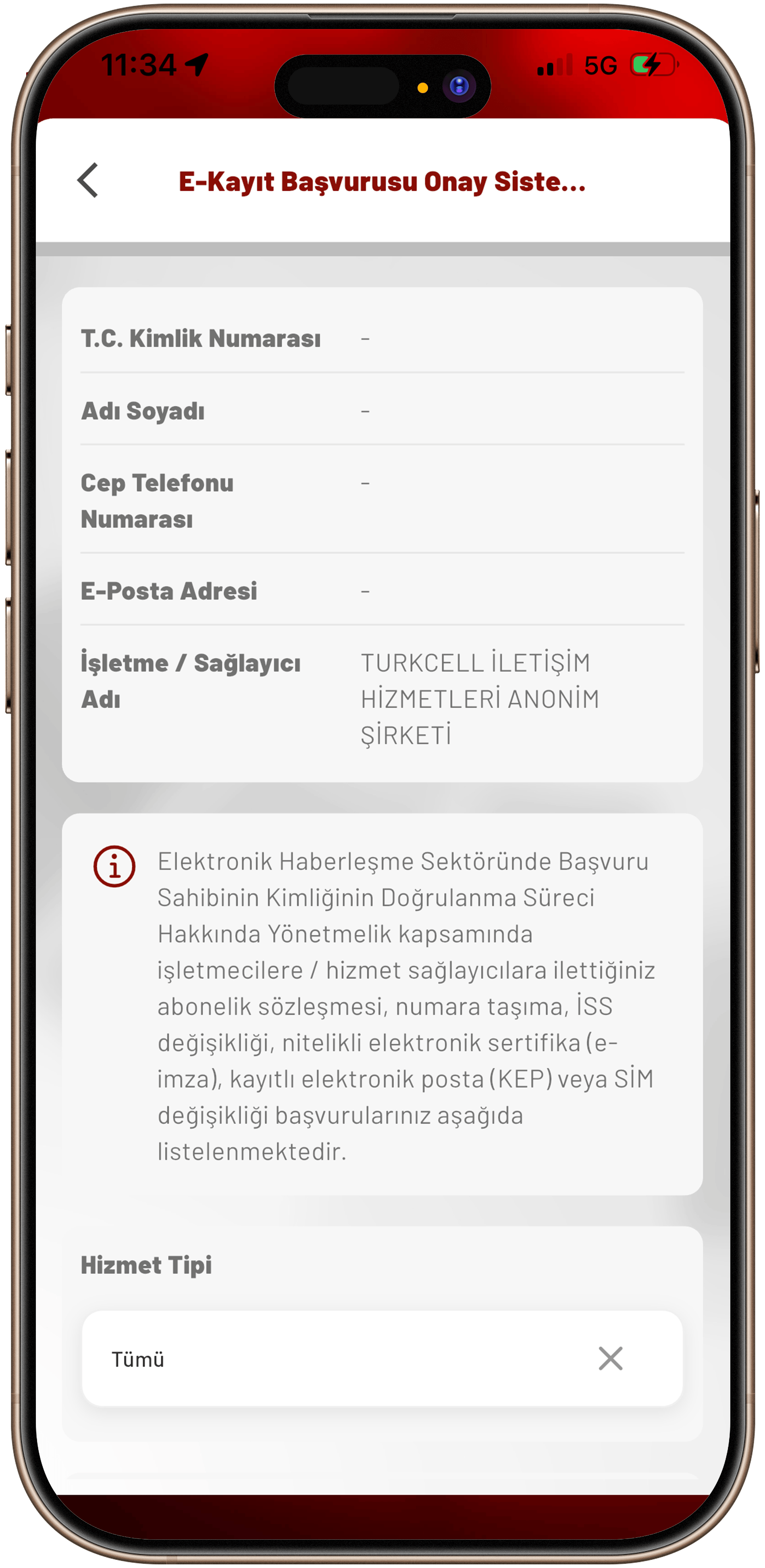 Kullanıcı Bilgileri ve Hizmet Seçim Ekranı